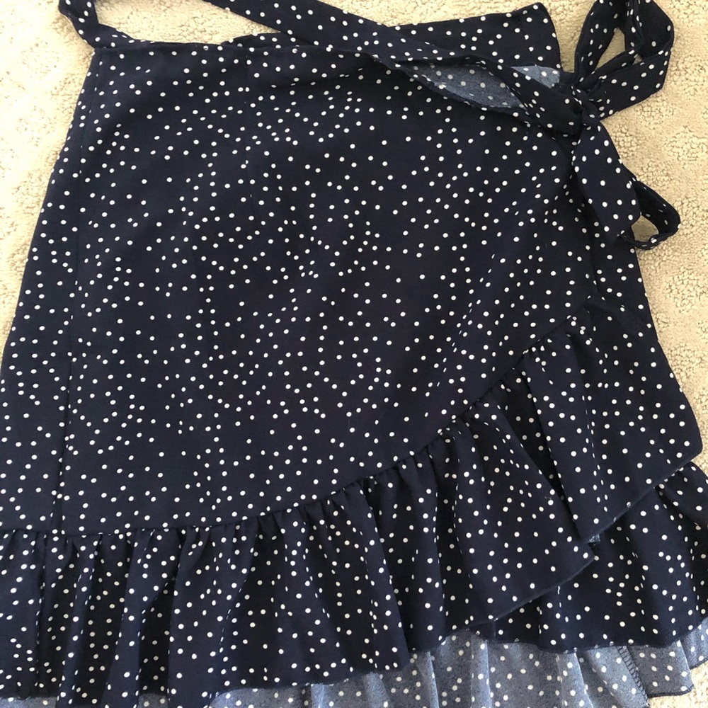 navy polka dot mini wrap skirt